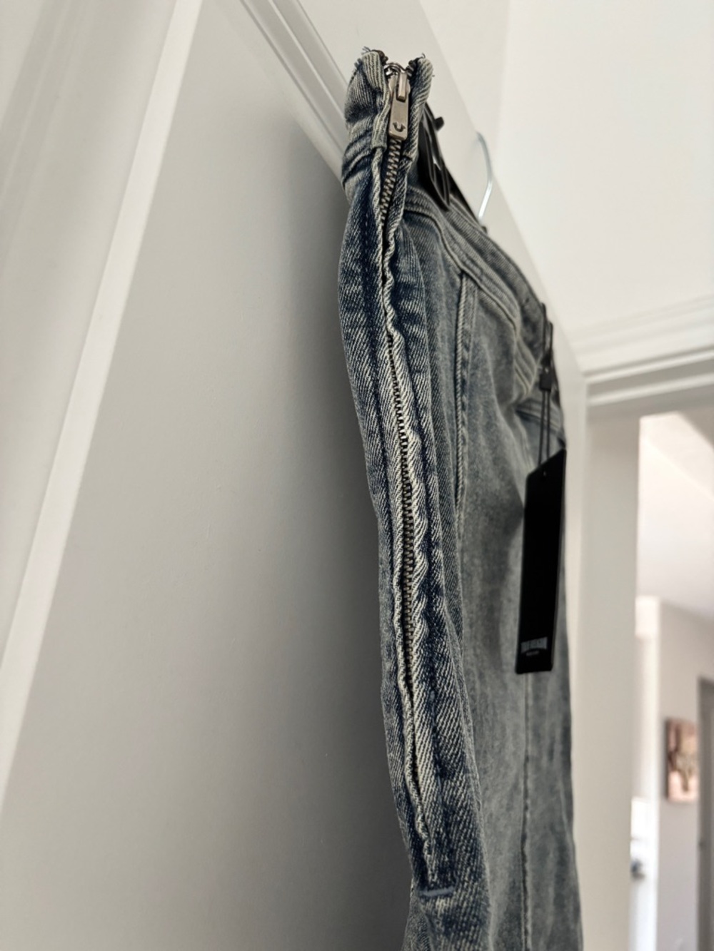 True Religion Strapless Button-Front Grey Denim Mini Dress - Picture 3 of 4